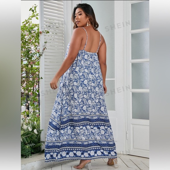 💙SHEIN NEW!! BOHO BLUE SND WHITE SPAGHETTI STRAP FLOWY MAXI SUMMER DRESS - Picture 6 of 11